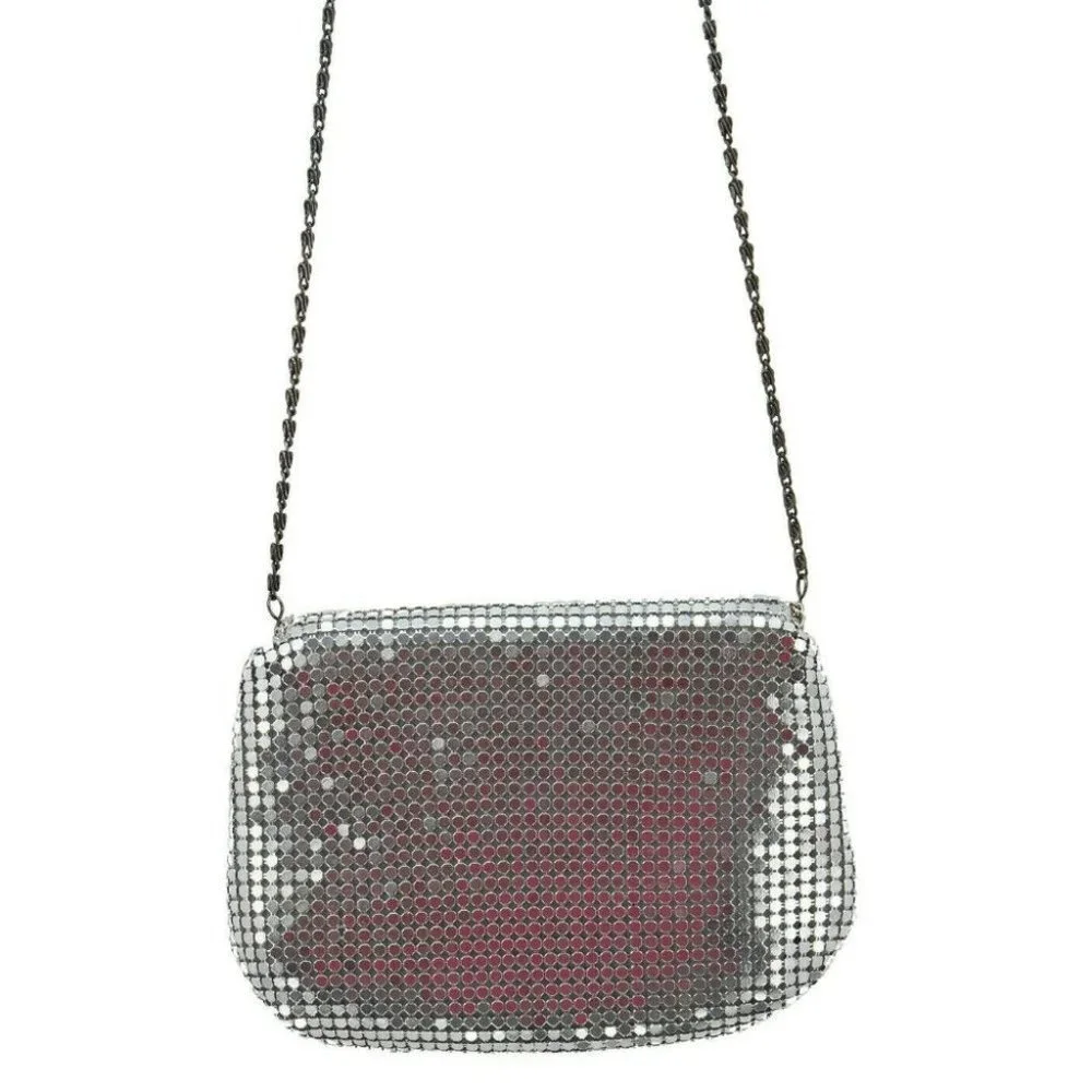 Vintage Silver Metal Mesh Crossbody Tassel Front Evening Bag Chain Strap Purse